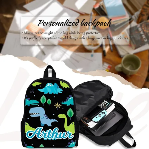 Vista 4 de Mochila personalizada para niños pequeños con nombre con foto personalizada para niños, mochila escolar de dinosaurio para niñas y niños