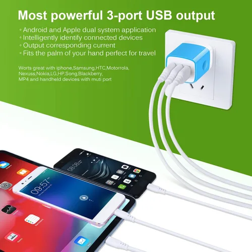 Vista 7 de Enchufe de carga, bloque de carga Sicodo - Paquete de 5 cubos USB de 3.1 amperios de 3 puertos para iPhone 17/16/15/14/13/12/SE/11Pro Max, Plus