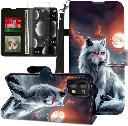 Vista 204 de Funda para Motorola Edge 2022 con protector de pantalla, soporte y tarjetero y correa para la muñeca, funda magnética para Moto Edge 2022 5G UW Lobo