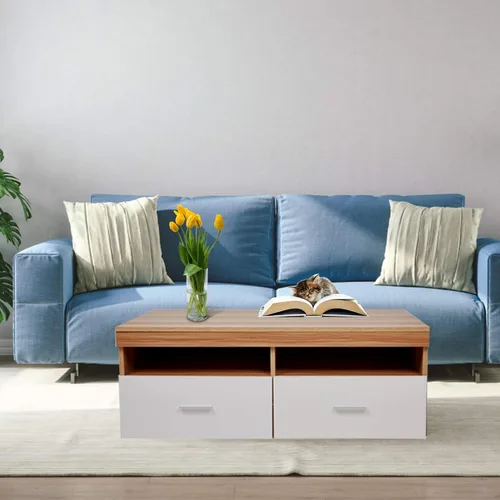 Vista 2 de Lucky Tree Mesa de café de 40 pulgadas, mesa de cóctel moderna de madera, cajón de almacenamiento blanco, diseño rectangular para sala de estar