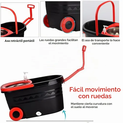 Vista 5 de Trapeador giratorio y cubo con escurridor en ruedas, sistema de cubo giratorio de 360° con 3 cabezales de repuesto de microfibra, mango extendido