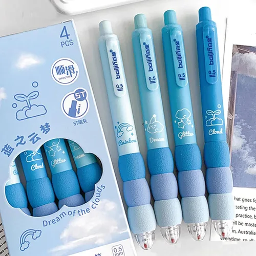Vista 4 de MOZXIRZ 4 bolígrafos de gel estéticos retráctiles azules, de agarre suave, bolígrafo de tinta negra kawaii para oficina, escuela, suministros