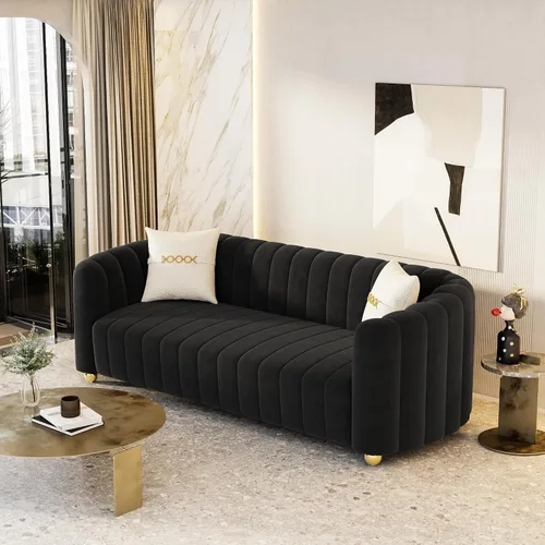 Vista 5 de Moderno juego de sofá de terciopelo negro de 3 piezas para sala de estar, juego de sofá curvado acolchado con patas de esfera de metal dorado