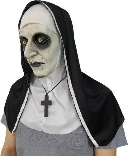 Vista 2 de Máscara de látex de monja aterradora con collar de cruz y diadema de monja, máscara de Halloween de cabeza completa, accesorios de disfraz de monja