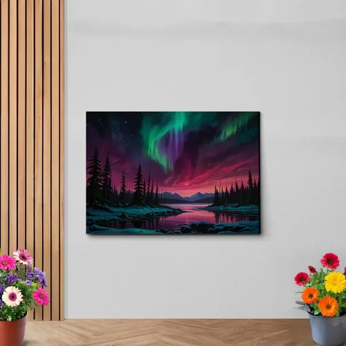 Vista 6 de Aurora Borealis, Northern Lights Art, framed canvas print, snow capped mountain landscape art, synthwave vaporwave, Art Decor, Wall