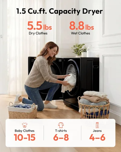 Vista 4 de EUHOMY Secadora portátil de 1.5 pies cúbicos con 4 programas de secado, capacidad de ropa de 5.5 libras, acabado de espejo y panel LCD, secadora