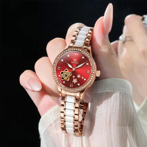 Vista 7 de OLEVS Relojes automáticos para mujer, reloj de vestir de lujo con diamantes para mujer, correa de cerámica de cuerda automática, impermeable, juego