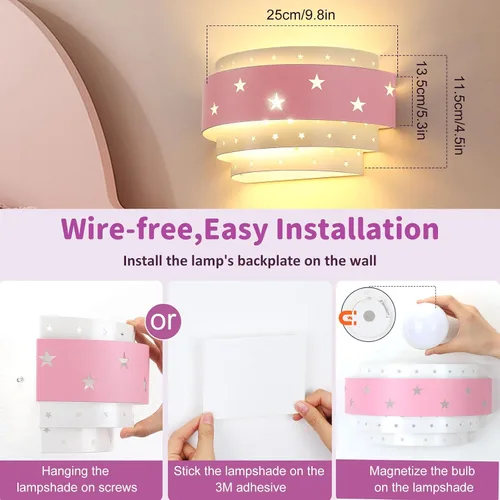 Vista 6 de Lightess Aplique de pared rosa que funciona con pilas para habitación de niñas, lámpara de pared LED regulable con forma de estrella, lámpara
