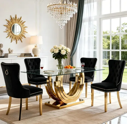 Vista 19 de SSLine Mesa de comedor de cristal dorado de 70 pulgadas para 4-6, base de Mesa de oro floral