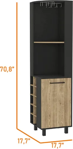 Vista 3 de FM FURNITURE Leah Armario esquinero para bar con 2 estantes abiertos, 2 estantes interiores, estante de vidrio y 10 cubos de vino, negro/pino