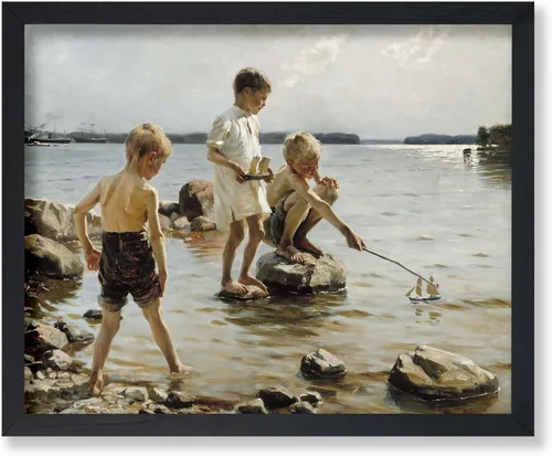 Vista 17 de Monem Art - Póster de pintura vintage para niños jugando en la orilla, impresión retro para niños, arte de playa, arte de velero, arte costero