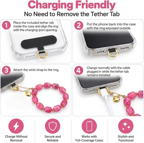 Vista 6 de Long tiantian Correa de pulsera para teléfono con cuentas y dije para A1: rosa intenso