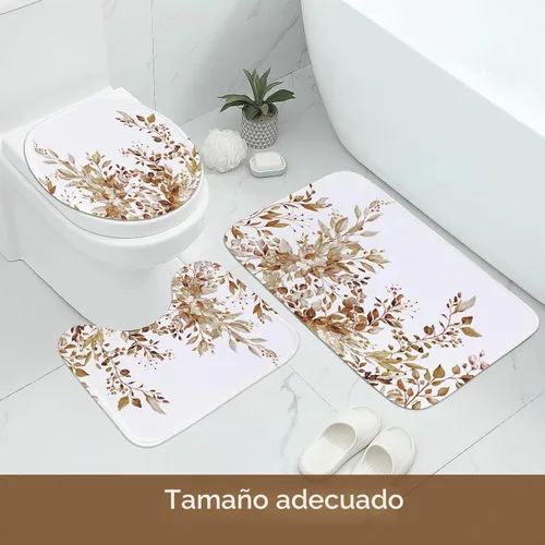 Vista 4 de MitoVilla Juego de 4 piezas de hojas de plantas marrones con cortina de ducha y alfombras, juegos de cortinas de ducha florales rústicas