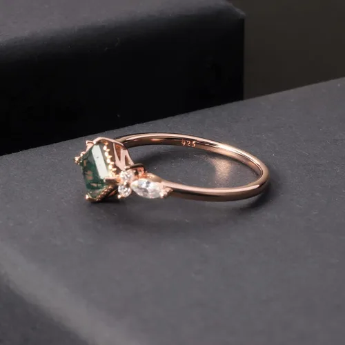 Vista 5 de Gem's Beauty Anillos de compromiso de ágata musgo verde de 14 quilates, oro rosa de 14 quilates, plata de ley 925, anillo de compromiso de tres