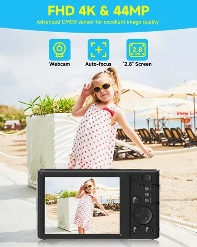 Vista 2 de Cámara digital 4K para adolescentes con enfoque automático de zoom de 16X, pequeña cámara portátil compacta para apuntar y disparar