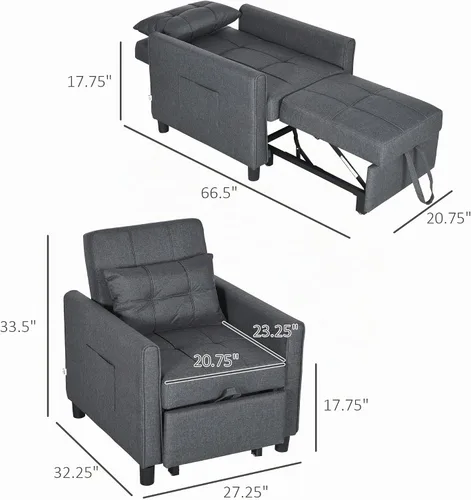 Vista 2 de HOMCOM - Silla convertible 3 en 1 para cama, sofá cama individual, color gris Extraíble, respaldo ajustable, almohada, bolsillos, multifuncional