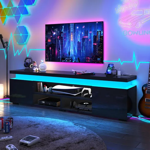 Vista 10 de Hlivelood Soporte de TV LED para TV de 75 pulgadas, moderno soporte de TV con toma de corriente, consola de TV de alto brillo con almacenamiento