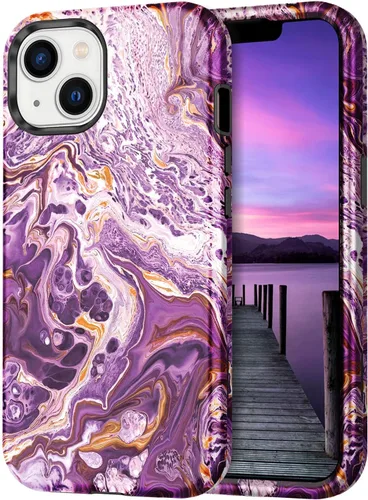 Vista 13 de CASEFIV Compatible con funda para iPhone 13, patrón de mármol 3 en 1, resistente a golpes y caídas, cuerpo completo, policarbonato duro y silicona