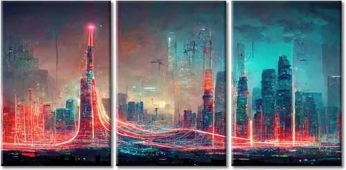 Vista 47 de Cuadros de 3 paneles de Cyberpunk City - Arte de pared de vallas publicitarias de edificios modernos en la capital con obras de arte modernas
