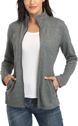 Vista 5 de WUDODO Chaqueta con cremallera completa para mujer, cuello alto, sin capucha, de algodón, ajustada, con bolsillos