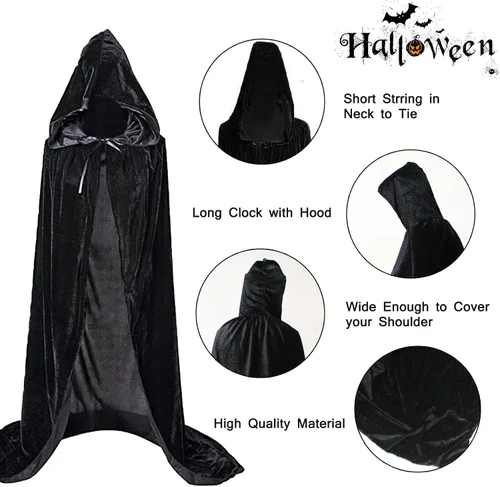Vista 4 de Timisea Capa con capucha de Halloween, capa de terciopelo larga unisex para Navidad, Halloween, vampiro, mago y vampiro, disfraz de cosplay
