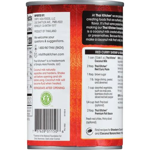 Vista 3 de Thai Kitchen Leche de coco sin azúcar, sin gluten, 13.66 onzas líquidas (paquete de 24) – Un paquete de 24 unidades de 13.66 onzas líquidas de leche