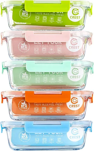 Vista 8 de C CREST Paquete de 5 recipientes de vidrio con 3 compartimentos, 34 onzas, recipientes de vidrio divididos para almacenamiento de alimentos