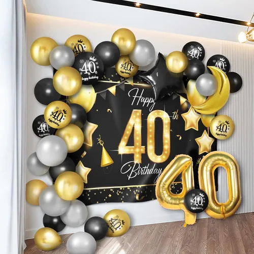 Vista 15 de Juego de globos dorados de feliz cumpleaños número 10 – Saludos a los 10 años de edad, guirnalda temática de fiesta con estrellas y luna, decoración