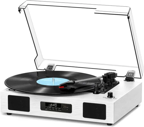 Vista 14 de Tocadiscos de vinilo vintage con altavoces integrados, tocadiscos de 3 velocidades por correa, reproducción Bluetooth, grabación USB/TF, parada