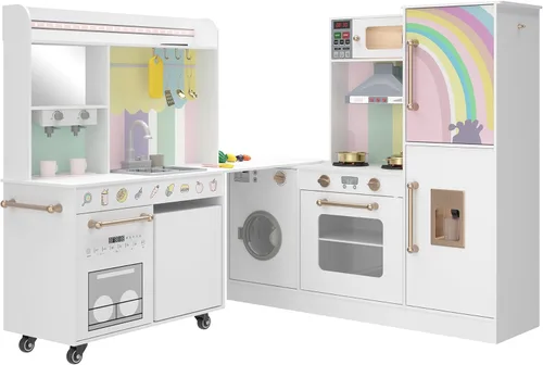Vista 8 de BVIUNTWO Juego de Cocina de Juguete Grande, Juego de Cocina para Niños de Esquina Giratorio con Luces y Sonidos Reales, Fregadero de Juguete