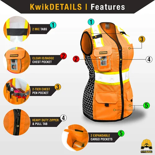 Vista 3 de KwikSafety QUEEN BEE - Chaleco de seguridad para mujer [naranja, XL] + paquete de casco duro de ala completa TORTOISE