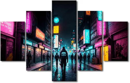 Vista 46 de Póster de 5 paneles en lienzo para decoración de pared, diseño de centro urbano Cyberpunk, impresión moderna, decoración de pared para el hogar
