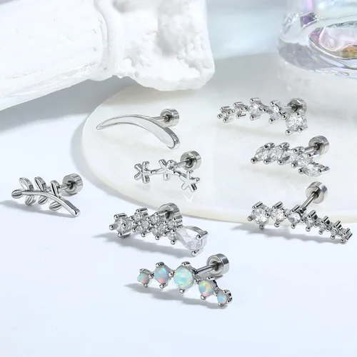 Vista 6 de Jstyle Juego de 8 aretes tipo dormilona de acero inoxidable 316L de 16G para mujeres y niñas, barra de hoja de ópalo con circonita cúbica, rosca