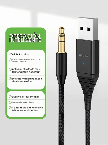 Vista 6 de HVMLAK Bluetooth 5.3 Aux Adaptador de coche Plug and Play, USB Powered, 80cm Braided Cable, Enhanced Microphone, Solid Metal Shell, Home Stereo