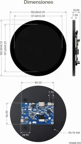 Vista 8 de waveshare Pantalla táctil redonda HDMI de 5 pulgadas, resolución de 1080 × 1080, IPS, táctil de 10 puntos, compatible con Raspberry Pi