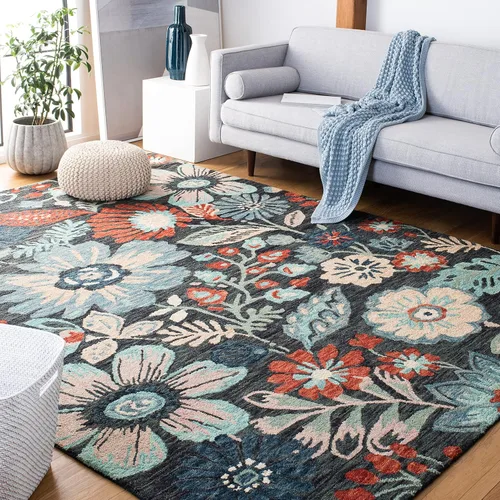 Vista 9 de SAFAVIEH Jardin Collection - Alfombra de pasillo, 2 pies 3 pulgadas x 8 pies, carbón y azul, hecho a mano, lana floral y algodón, ideal para zonas