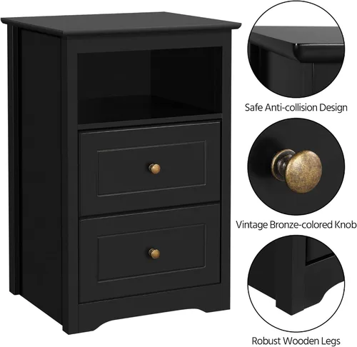 Vista 7 de Yaheetech Juego de 2 mesitas de noche, mesitas de noche de madera con 2 cajones y compartimento, 2 piezas de mesita de noche alta para dormitorio