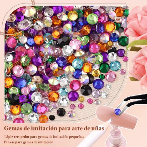 Vista 4 de Kit de pedrería para uñas BELLEBOOST, 15ml de pegamento de gel con strass + gemas coloridas + cristales de vidrio flatback AB y gemas transparentes
