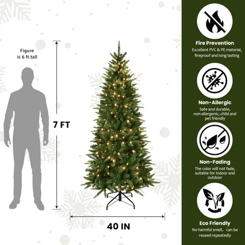 Vista 5 de Liguanow Árbol de Navidad artificial preiluminado de 7 pies con 400 luces LED blancas cálidas, árbol de Navidad delgado realista con bisagras y Azul