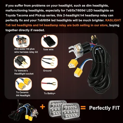 Vista 4 de KASLIGHT 1 juego 2 arneses de cableado para faros delanteros H4 Arnés de relé para faros delanteros H6054 Kit de conectores de enchufes LED