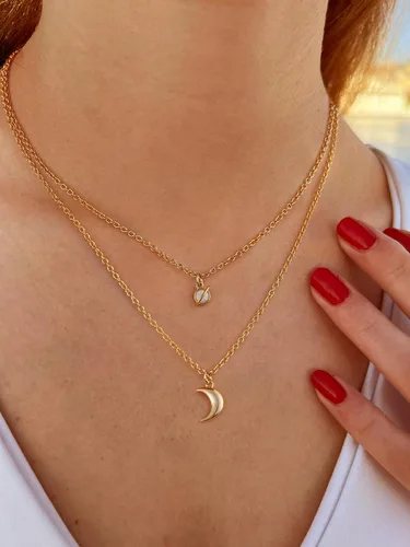 Vista 2 de 18K Gold Plated Moon and Saturn Pendant Necklace SetNatural Opal Necklace for Women