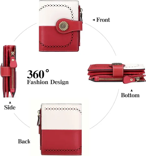 Vista 5 de SENDEFN Carteras pequeñas para mujer, con bloqueo RFID, de cuero, plegable, tarjetero con ventana de identificación, 5-rojo y blanco, Cartera