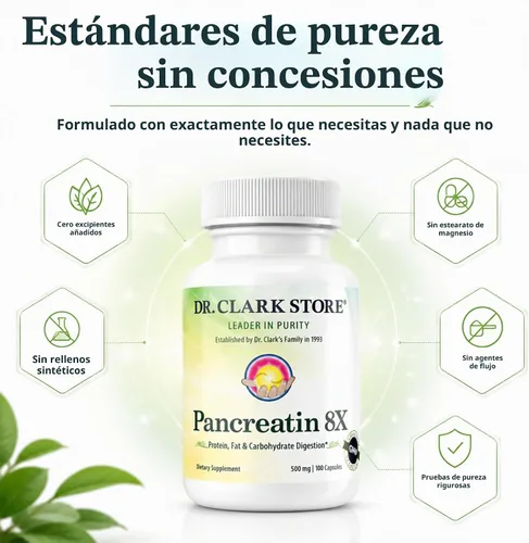 Vista 5 de Dr Clark Store Pancreatin 8X Suplemento enzimático 500 mg, 100 cápsulas