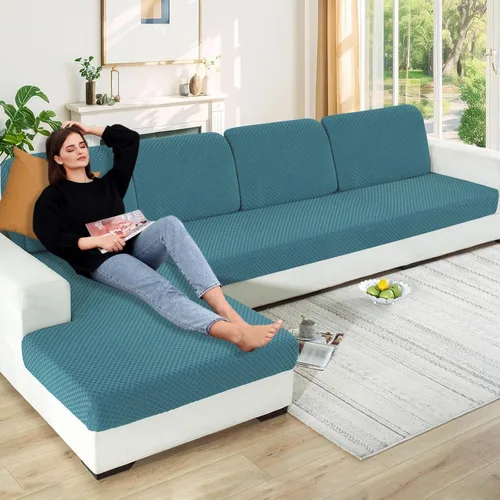 Vista 33 de YEMYHOM Funda de cojín para sofá, funda de cojín de asiento de alta elasticidad, tela jacquard geométrica de felpa, protector de sofá antideslizante