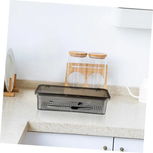 Vista 4 de Tofficu Soporte de plástico para palillos con tapa y drenaje, organizador de utensilios negro para encimera de cocina, 10.62 x 4.52 x 2.63 pulgadas
