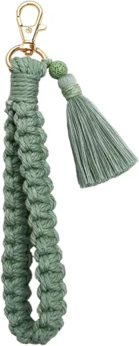 Vista 8 de Llavero de macramé bohemio hecho a mano con borla para mujer, llavero con llavero A_café