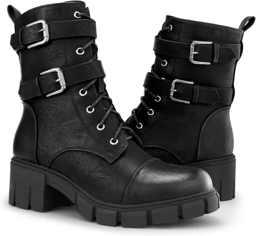 Vista 3 de Tobfis Botas de combate para mujer con hebilla lateral y tacón grueso, Negro, 0
