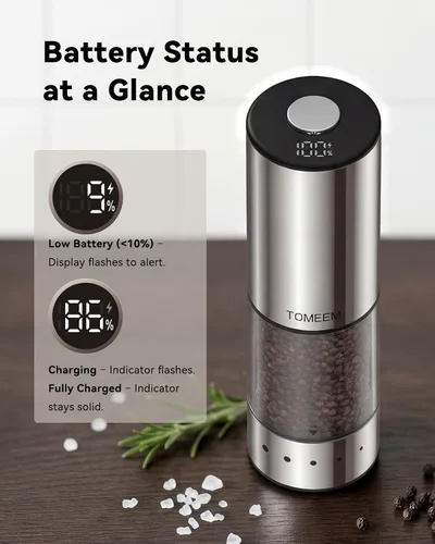 Vista 5 de TOMEEM Juego de molinillo eléctrico recargable de sal y pimienta, molinillo de pimienta automático de acero inoxidable de gran capacidad de 3.9 fl