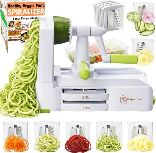 Vista 14 de Brieftons Espiralizador de verduras de 5 hojas: rebanador en espiral más fuerte y pesado, el mejor fabricante de pasta de espaguetis de verduras
