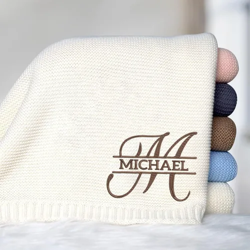 Vista 6 de Manta de punto personalizada y bordada de lujo con nombre de bebé, manta de algodón personalizada y monogramada para la guardería, regalos para bebé